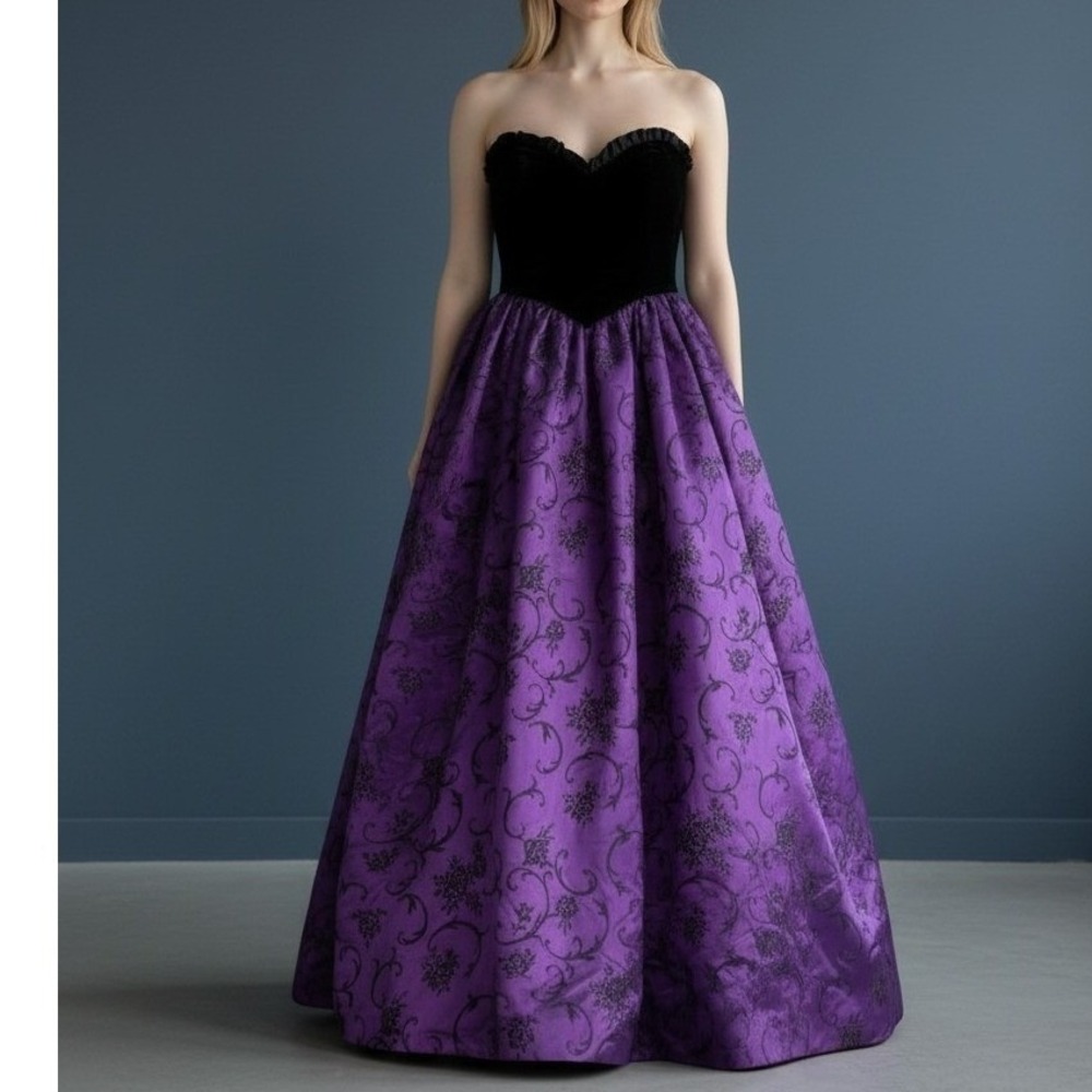 VTG Gunne Sax Black Velvet Purple Satin Damask Gown Dress Whimsy Goth Fairy Maxi